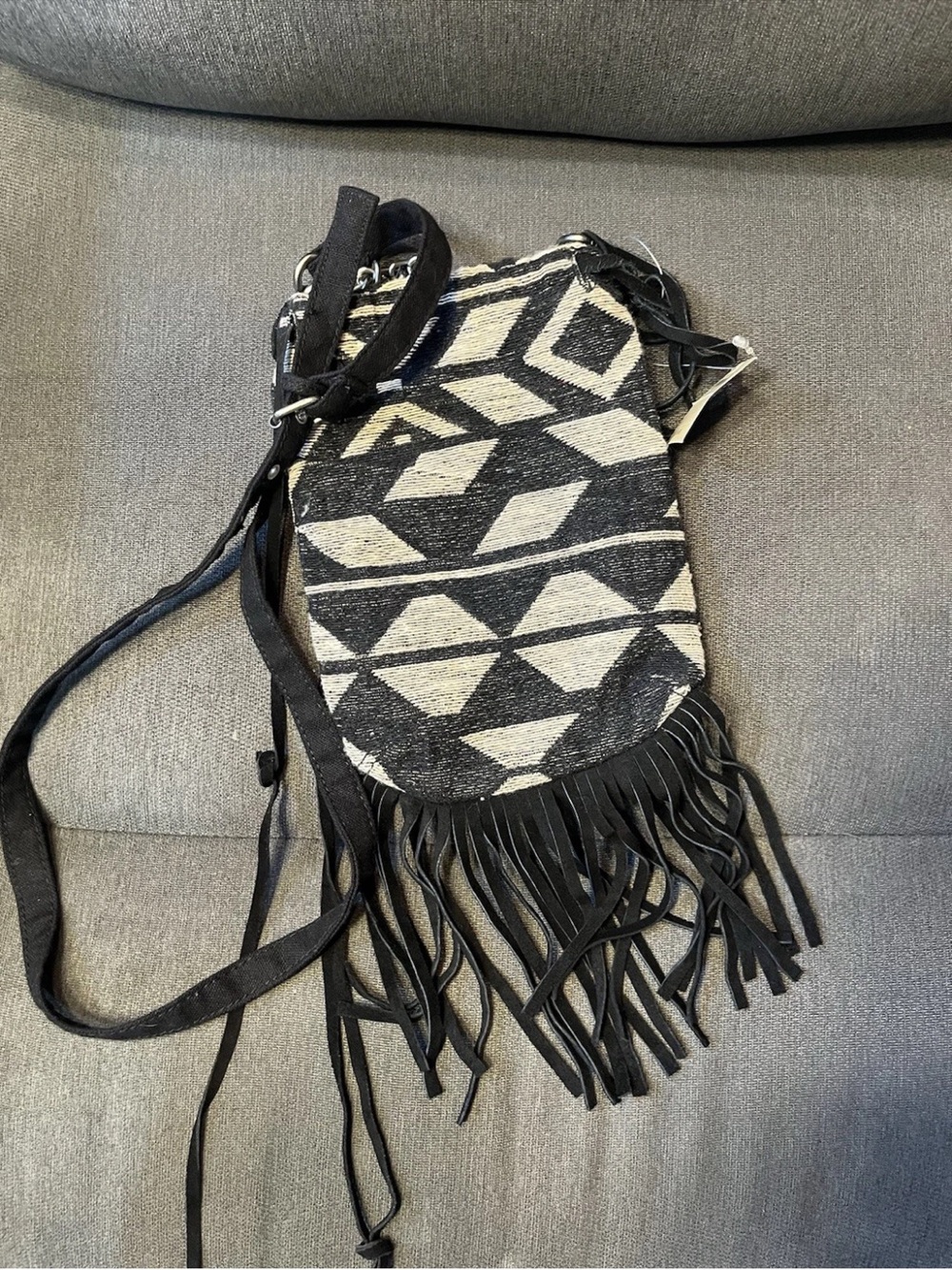 American Eagle Black & Cream Aztec Fringe Crossbody Bag draw string NWT